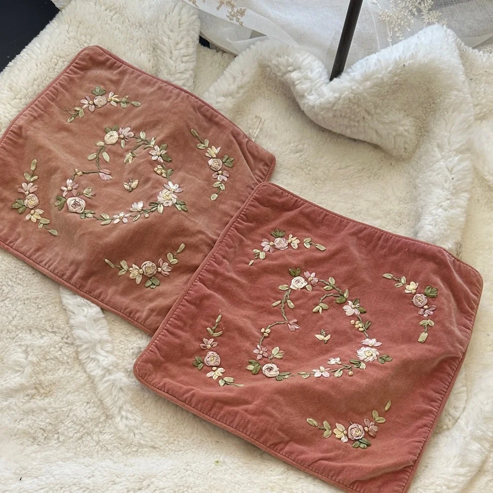 Velvet blush mauve embroidered floral pillow covers set of 2